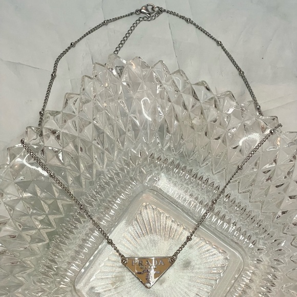 Upcycled Nude & Silver Triangle Plate Satellite Chain Necklace - Picture 3 of 4